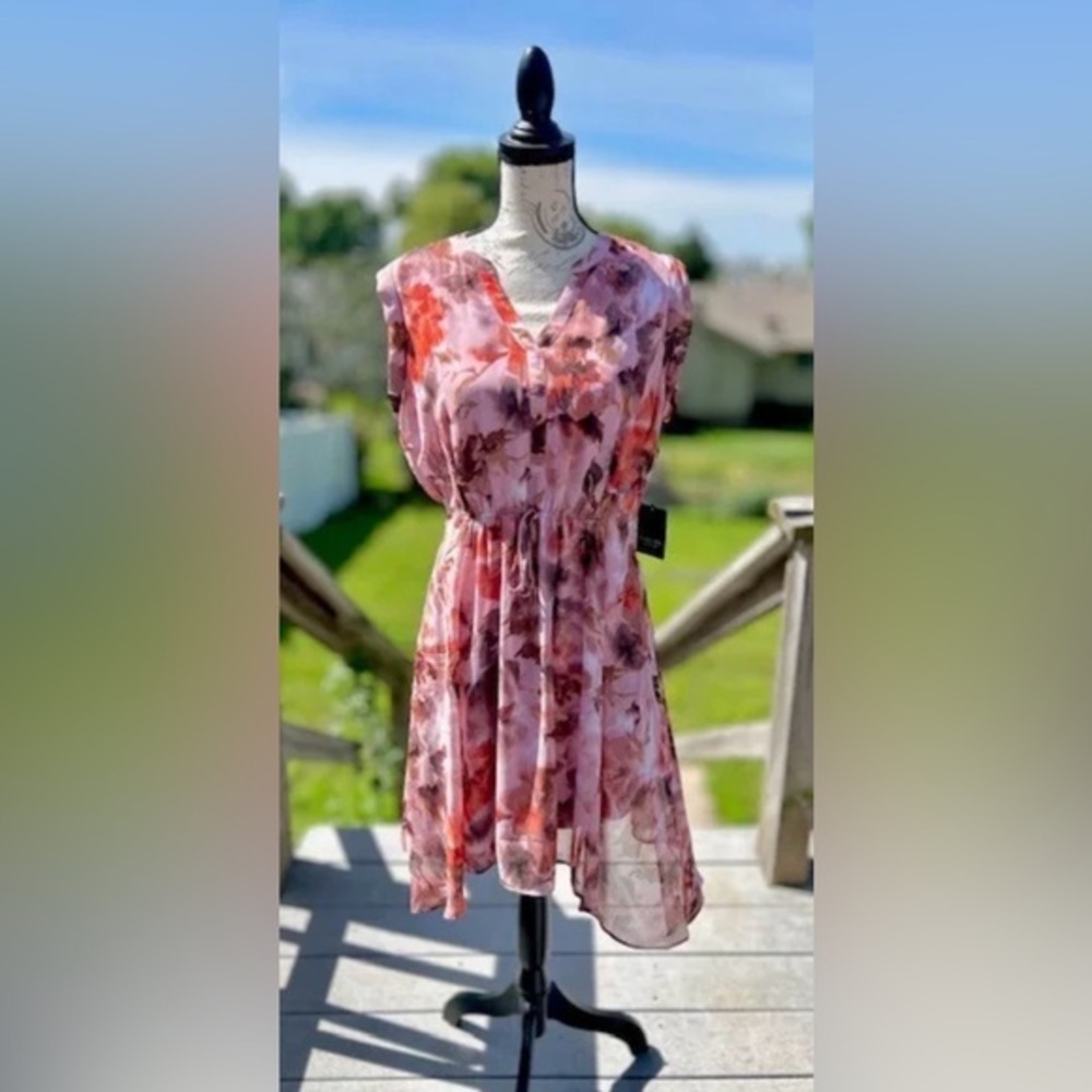 Vera Wang Peach Pink Floral Chiffon Cinched Asymmetrical Hem Flowing Dress NWT!‌